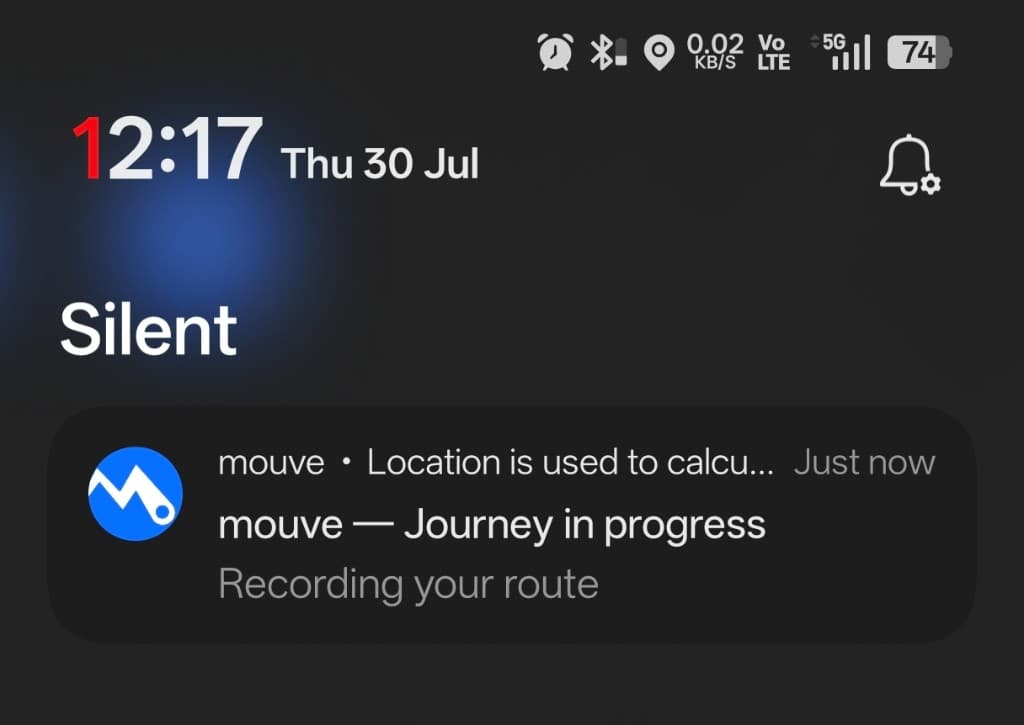 mouve system notification: Journey in progress, recording your route