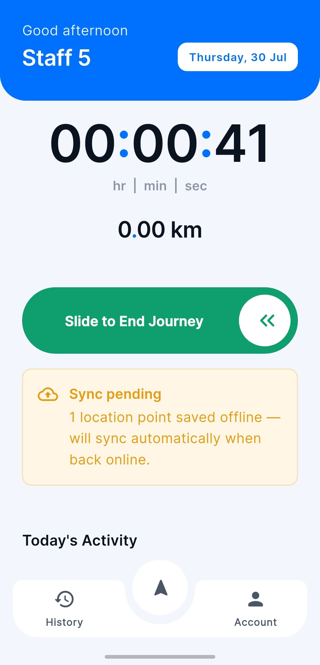 Staff journey screen showing Sync pending while offline