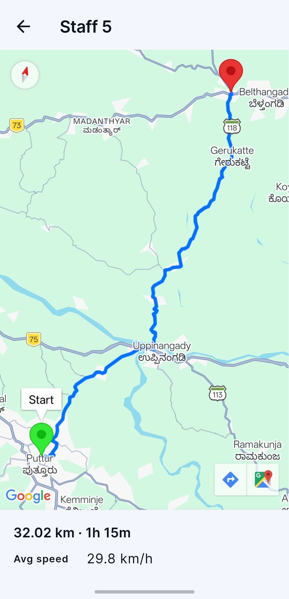 Route playback map for Staff 5 showing 32.02 km journey