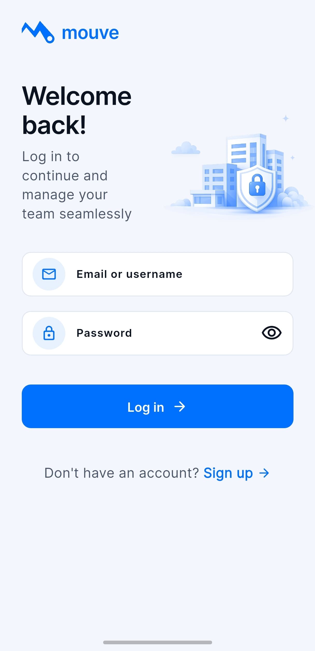 mouve login screen — one app for admin and staff