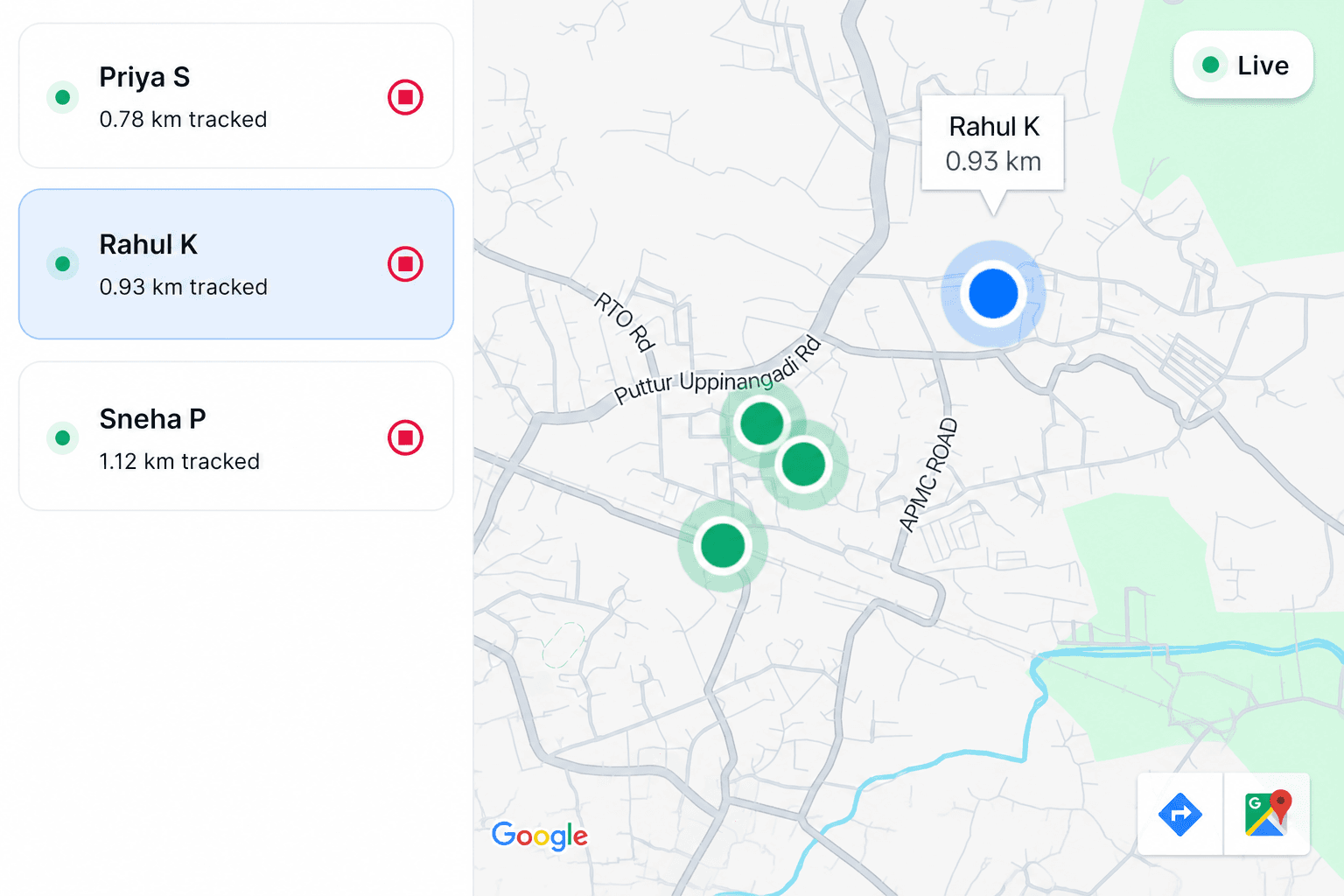 Admin live map on tablet — multiple staff on active journeys
