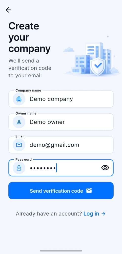 Create your company screen in mouve